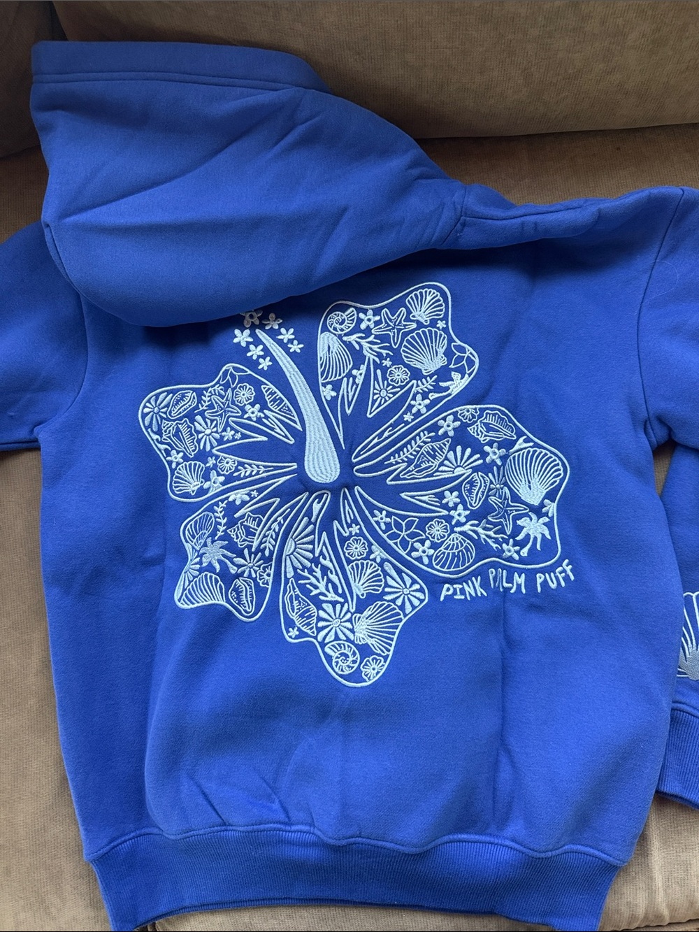 New Pink Palm Puff Royal Blue Hoodie with Floral Hibiscus Graphic